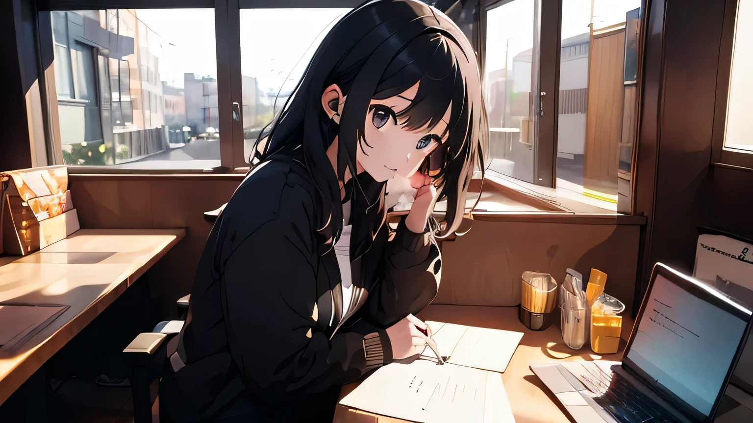 Lo-fi music vibes、Please draw me a cute anime style illustration。
Please draw an illustration of a cute girl wearing earphones..。
10 a.m.。The weather is sunny。Outside the window is a city background。Head to waist。Sitting on a chair in a coffee shop。An open laptop on a table。Working on a laptop computer while wearing earphones and looking at the monitor。Black hair color。Please draw me an illustration of a cute girl。Use pastel and soft colors、Expressing a gentle atmosphere。The light shines。
As an accent color、Use vibrant colors。
Keep the color wheel in mind、Maintain a consistent color scheme。