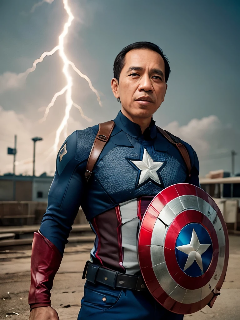 4k, best quality, Masterpiece, Ultra high resolution, beautiful light, (realistic, photo-realistic:1.4), realistic background,  Jokowi, 1 person, 50 years old, Wear the superhero Captain America costume with a concave disk., Long shot, Detailed professional photos of amazing men., Lightning in the cinema, Octane rendering, unreal engine, Volume dtx