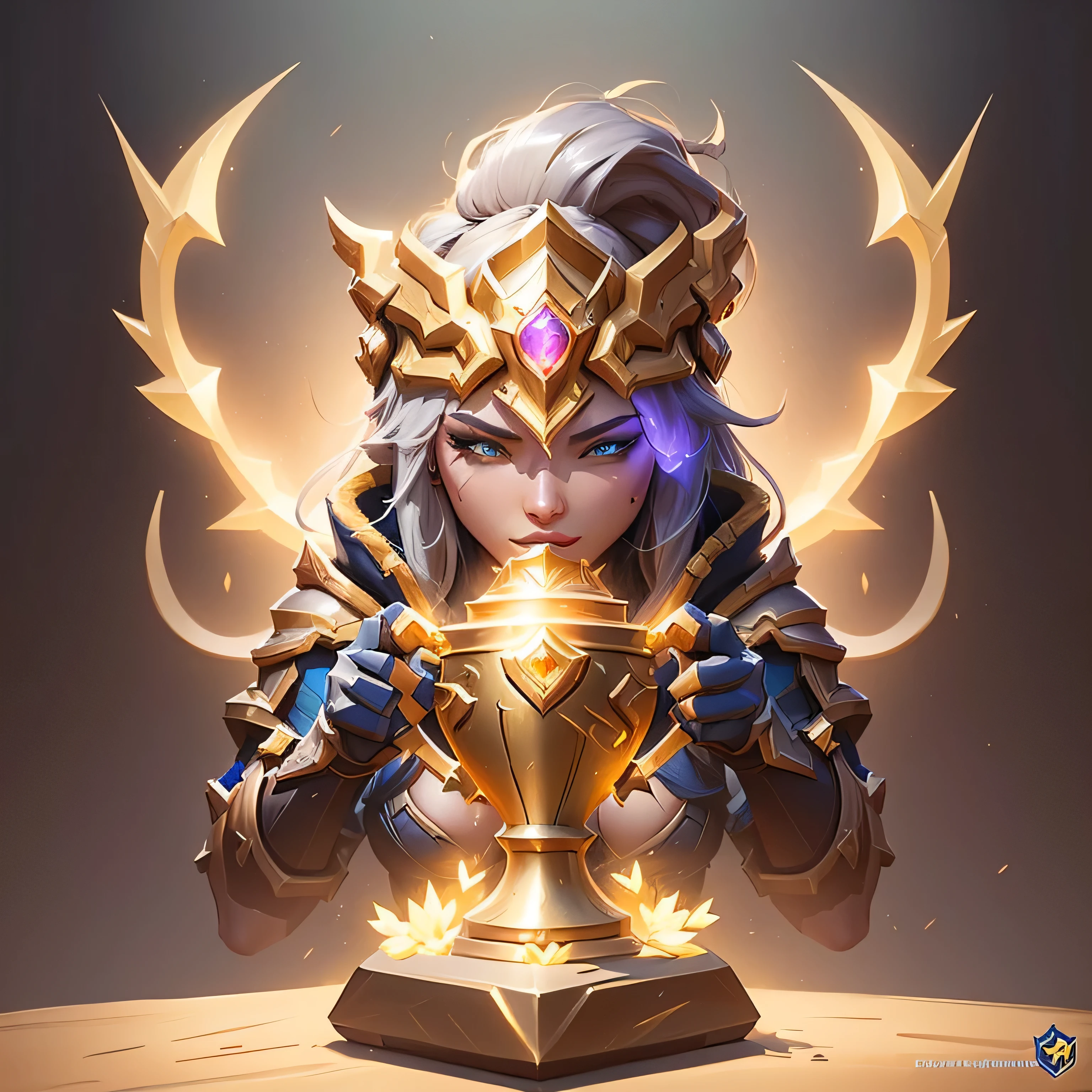 Close up of golden trophy,There is a heart on the trophy, League of Legends Champion, rossdraws Global Illumination, Legends of Runeterra, "Golden Holy Grail, From League of Legends, From Hearthstone, Gold Cup, Won an award on ArtStation, Riot Games Concept Art, Valve Promotional Spray Painting, The best on wlop, Polycount competition winner, Blizzard Hearthstone concept art