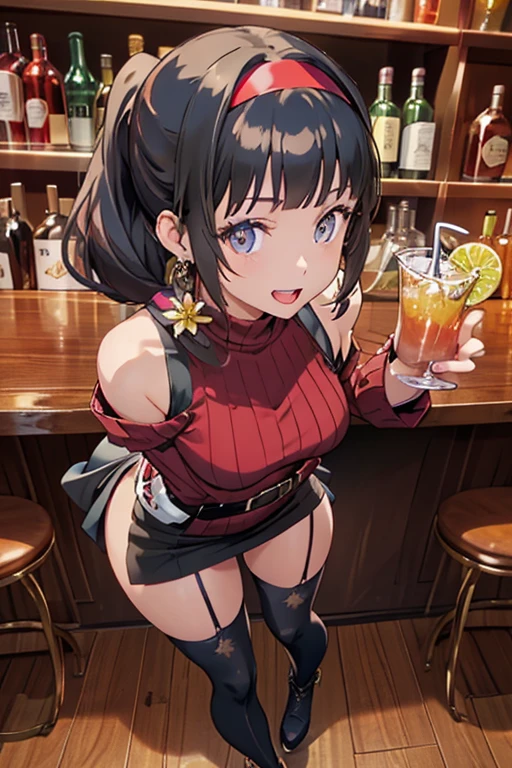 (from above:1.1),(from front:0.9), ((Face)), (Close-Up:0.4), masterpiece,"A 22-year-old girl stands at a bar counter, black hair, hair ornament, red eyes, thighhighs, gloves, dress, holding, bare shoulders, jewelry, standing, weapon, flower, sidelocks, hairband, earrings, boots, black gloves, black thighhighs, hair flower,  She is dressed in a stylish off-shoulder dress, sweater dress, off-shoulder sweater, red sweater,garter stocking, cleavage:1.1, black shorts, black thighhighs, thigh strap, pretty girl, (highly detailed beautiful face and eyes,firm breasts),real skin,((black,hair,long pony tail hair)),thin pubic hair,cute and lovely pose, detailed eyes, This masterpiece is only visually stunning but also tells,(double breasted:0.6,under bust:0.6),(with sparkling eyes and a contagious smile),open mouth, The bar is beautiful, with colorful bottles of alcohol in the background and a soft glow from neon lights. The atmosphere is relaxed, and the girl looks confident and fashionable.",full body, sexy pose,make a cocktail , in a bar counter, Looking at Viewer,
