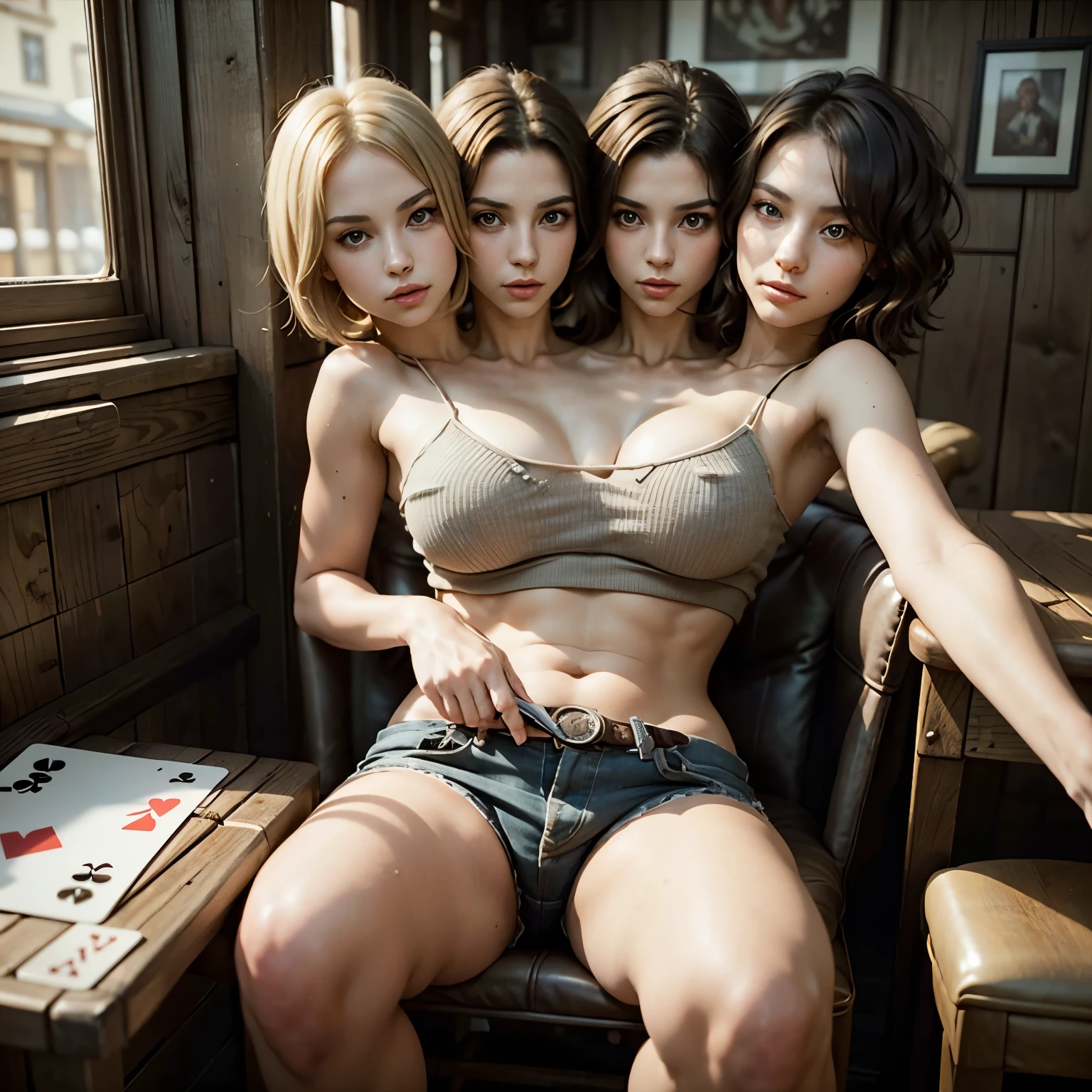 Short Haired Female Cowboy in a Saloon in the Old West,Blonde,Sitting,Smoking Pipe,Table Wisky,Piano,6 Bullet Revolver,Barrel,Table,Playing Cards,Dust,Artwork,3D,4K,Detailed,Realistic, (two heads)