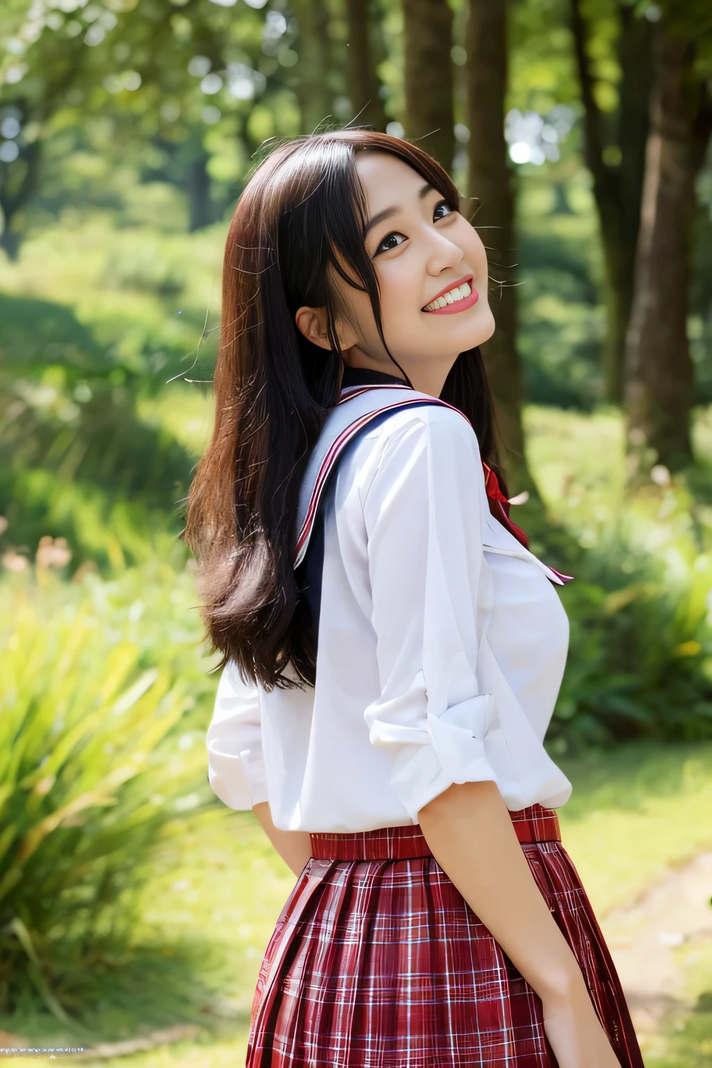 (highest quality,8k,High resolution:1.2),(Beautiful and realistic Japanese women:1.6)、(Cute Japanese Girl:1.4),(Huge breasts:1.25),(Attractive body),(school uniform,The bra is very,Pleated skirt,Sailor collar,White shirt:1.2)、(Exposing her ass、Big Ass)、17 years old、Professional photos、smile、double eyelid、Sparkly Hair、(Woman in love、The joy of loving、Love)、Happy、National park、forest、sun、favorite、gravure、