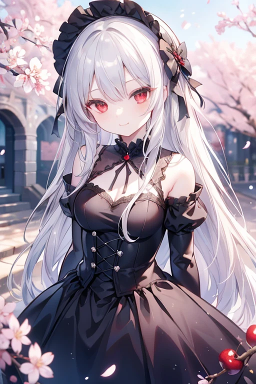 masterpiece, best quality, intricate, long hair, silver hair, red eyes, dress, frills, gothic, arms behind back, 
outdoors, cherry blossoms, depth of field, smile 