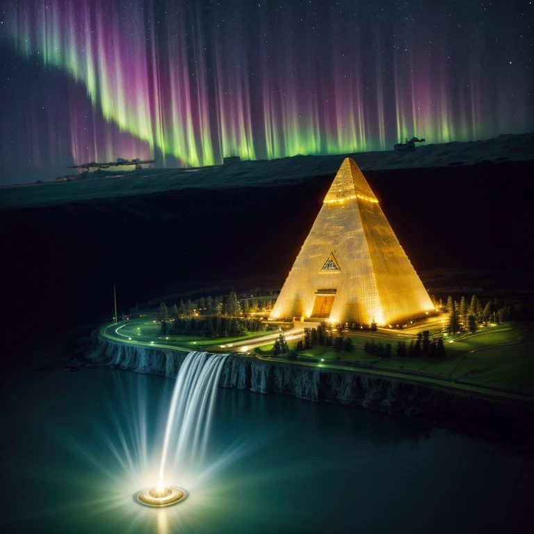 highest quality、、masterpiece:1.8、、、waterfall、,、、、A spectacular view that will bring you the best luck in the world just by looking at it、A sight that brings peace to the world just by looking at it、Just looking at this view, You will be super healthy, Have a clear mind, And live longer.、、Aurora、、Golden Pyramid、、Golden UFO Landing、Space Battleship Rocket Launch