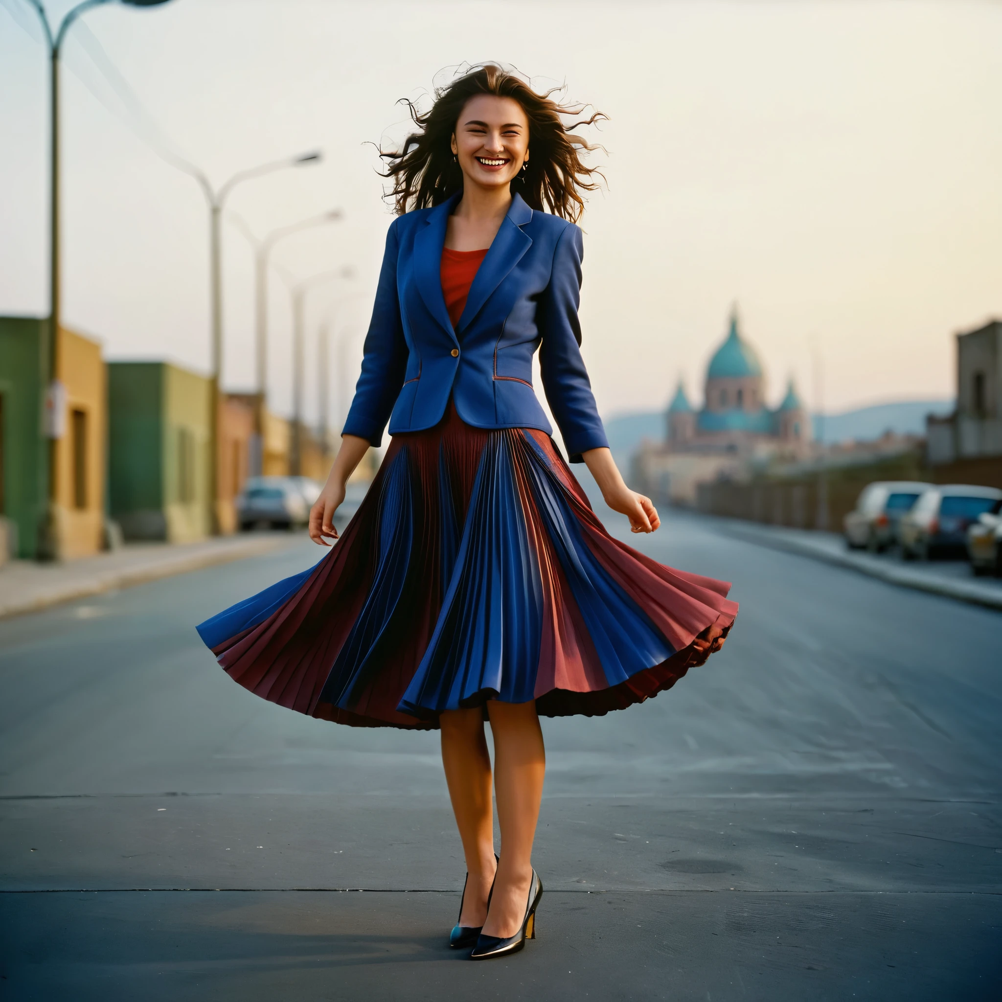A smiling, authentic, (shy:1,3), kind, beautiful woman, is passionately in love with her skirt, wind wildly flowing her skirt, wearing short blazer and (long (fully pleated) full circle skirt) and (low heeled court shoes), very, very intricate hyper-detailed symmetric (attractive graceful young feminine face) with (sad, tired eyes and a loving smile), very voluptuous breasts, full of empathy and compassion and love, (pronounced (feminine) features), (highly detailed ultra accurate realistic) hands and fingers, (windy), epic composition, highly detailed attributes, (35mm f1.4 Kodak portra 400 photograph), extremely high quality RAW photograph, highly detailed atmosphere, sci-fi, cinematic shot, dynamic lighting, 75mm, Technicolor, Panavision, cinemascope, sharp focus, fine details, 8k, HDR, realism, realistic, key visual, film still, superb cinematic color grading, depth of field