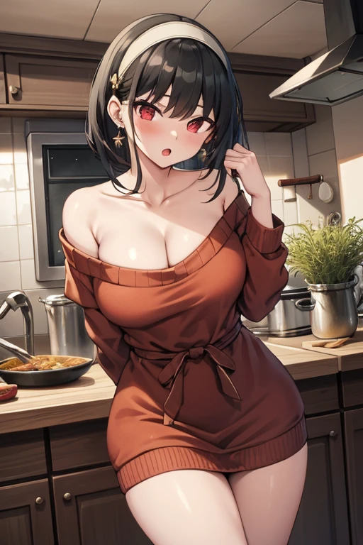 masterpiece, yor, 1girl, Bust A Cup, Amazing Cleavage:1.0, thin waist, big ass, Raised sexy, small breast: 1.2 posed cleavage:1.2、solo, looking at viewer, open mouth, have a cute grass of cute beergrass,black hair, red eyes, dress, bare shoulders, jewelry, collarbone, sidelocks, hairband, earrings, indoors, off shoulder, :o, sweater, arms behind back, plant, short hair with long locks, white hairband, off-shoulder dress, sweater dress, off-shoulder sweater, red sweater, big side hair, very long side hair,is rendered in (masterpiece: 1.2, best quality), with (ultra high resolution) and an exquisite (depth of field). This masterpiece is not only visually stunning but also tells,A scene of cooking in the kitchen
