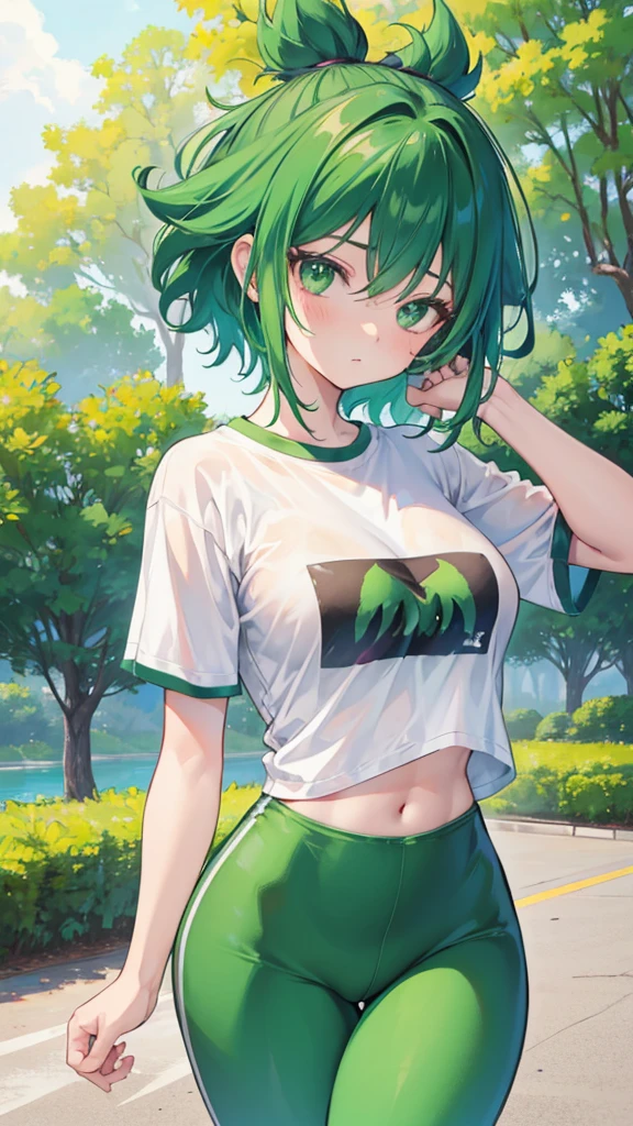 1 girl, izuku midorya as a girl, deku genderswap, female izuku midoria, genderswap, female/girl/woman, feminine features, feminine body, great curves, medium sized breast, breast 34d, cute, hot, short green hair, green hair, short hair, green eyes, wearing(flex leggings and cropped shirt), gym flex leggings woman, flex leggings, cropped shirt, in the park, ultrasharp, 4k picture, highly detailed, beautiful