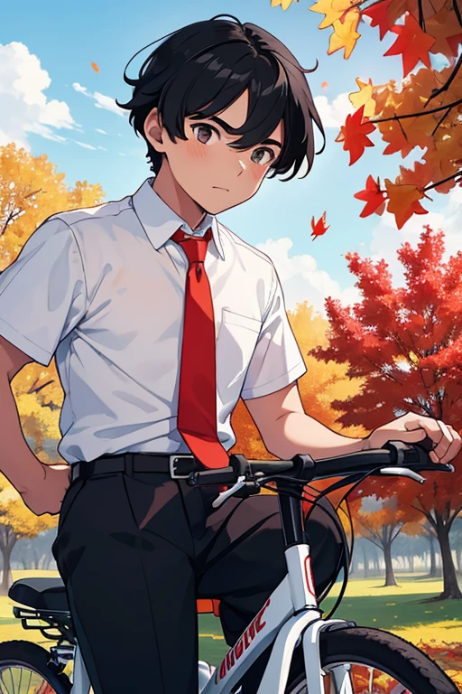 A high school boy with black hair, wearing a white shirt and a red tie, riding a bicycle with blue skies, autumn leaves, and ginkgo trees