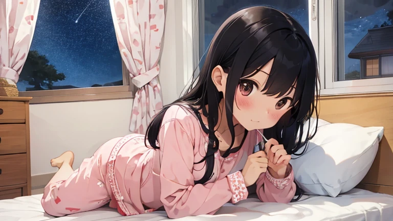 girl, pajamas, Good figure, Black Hair, blush,　Sleeping in bed、　night、　You can see the starry sky from the window、 High resolution