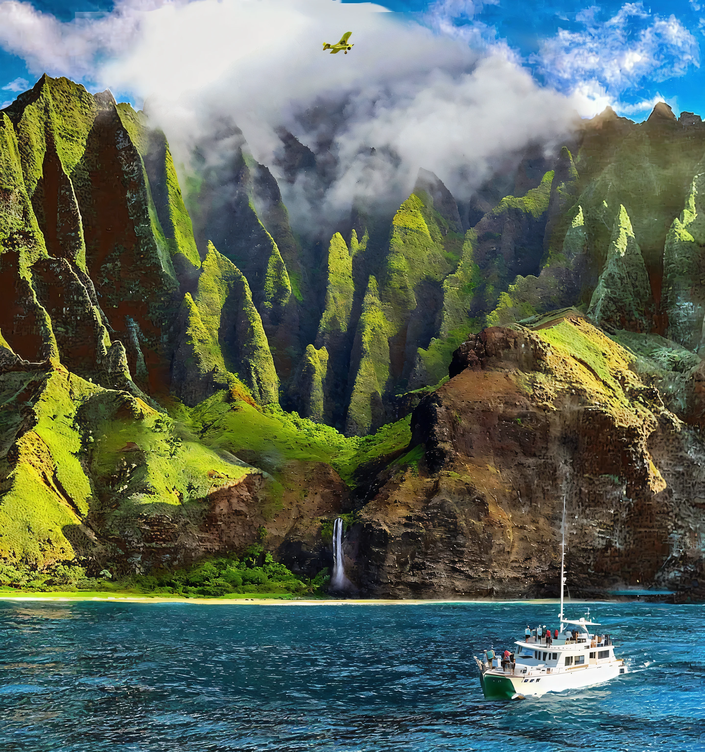 arafed boat in the water near a mountain with a waterfall, kauai, majestic nature scenery, kauai springtime, mountains and ocean, hawaii, ( ( ( ( kauai ) ) ) ), high quality desktop wallpaper, ( ( ( kauai ) ) ), high quality wallpaper, epic and stunning, amazing wallpaper, epic matte painting of an island, breathtaking scenery, magnificent background