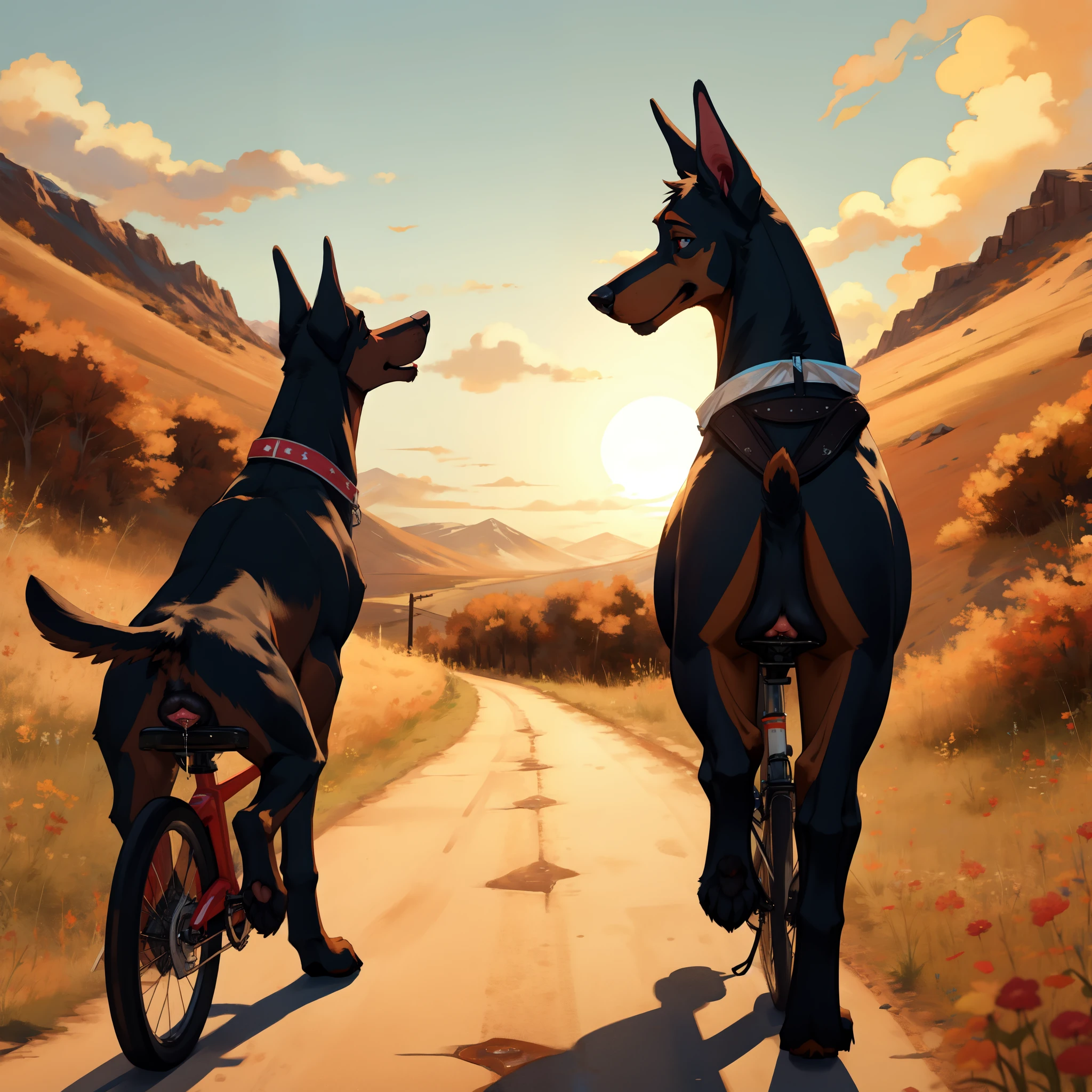 Feral dog, female, doberman, canine pussy, pussy juice, riding on a bicycle, mountain road