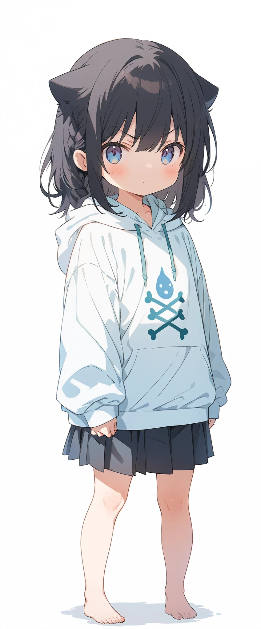 White background、Solid white background、Blank background、just standing girl, only one girl、Full body shot from the front,Ultra-high resolution, highest quality,fish-bone braid hair、Fishbone Hair、Flat Chest、beautiful detailed eyes、black hair、Black hair × Blue eyes、blue eyes、Serious expression、 Plain white hoodie、Black pleated skirt、barefoot