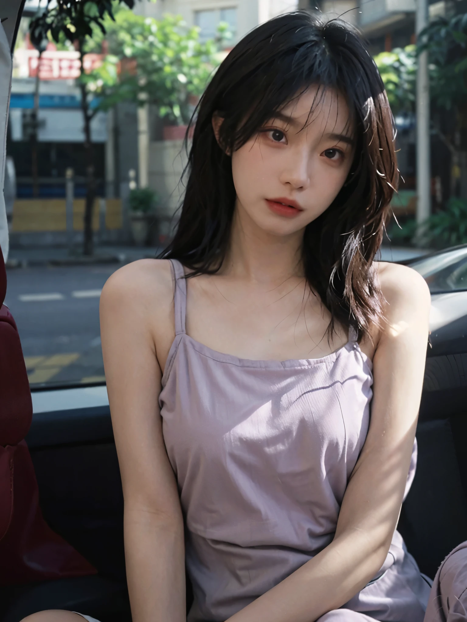 Film Portrait Photography, 1 girl, Bare shoulders,Lipstick,Purple short sleeves,(Bra:1.4),Purple sunlight,( Purple Hood:1.4),Shoulder-length straight hair, serene, calm, (逼真且Detailed眼睛, Natural skin texture, Realistic facial details), Soft dramatic lighting, Depth of Field, Bokeh, Vivid details, Detailed, Surrealism, 35 mm film, hazy, ,