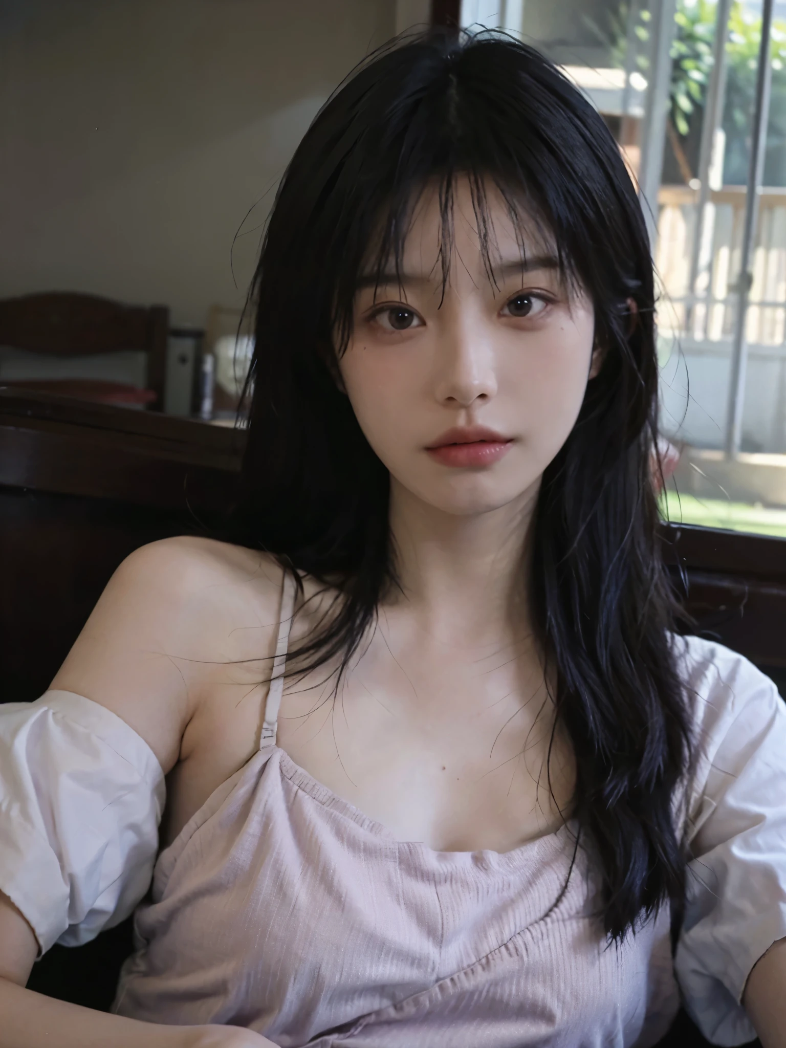 Film Portrait Photography, 1 girl, Bare shoulders,Lipstick，Purple short sleeves，（Bra：1.4），Purple sunlight，（ Purple Hood：1.4），Shoulder-length straight hair, serene, calm, (逼真且Detailed眼睛, Natural skin texture, Realistic facial details), Soft dramatic lighting, Depth of Field, Bokeh, Vivid details, Detailed, Surrealism, 35 mm film, hazy, ,