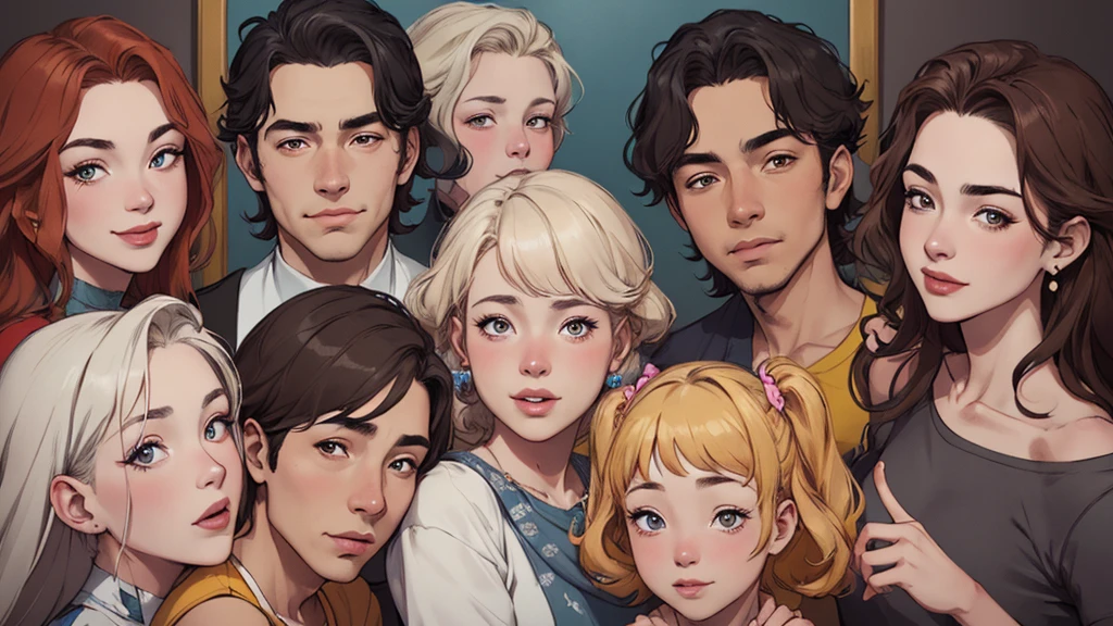 um close up de um desenho animado de um grupo de pessoas, retrato de family, by Cesar Andrade Faini, por Olivia De Berardini, desenho animado, em estilo cartoon, retrato de alta qualidade, by Camilo Egas, por Samuel Silva, Retrato NFT, por Rosa Henriques, in digital illustration style, retrato colorido, por Felipe Seade tem muita gente junta em um grupo, Retrato NFT, a grupo de pessoas, grupo de pessoas, family, by Matteo Pérez, family portrait, por Barron Storey, camaradagem, Direction: Brian Thomas, retrato de grupo, por Sam Dillemans, high resolution, por Luis Molinari, diversas idades, Satoshi, Pessoas bonitas