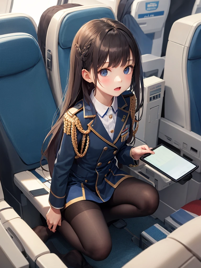 masterpiece, best quality, 1 girl, solo, , small breasts, Perfect Face, beautiful, extremely long hair, jal uniform, airplane interior, black pantyhose, kneeling