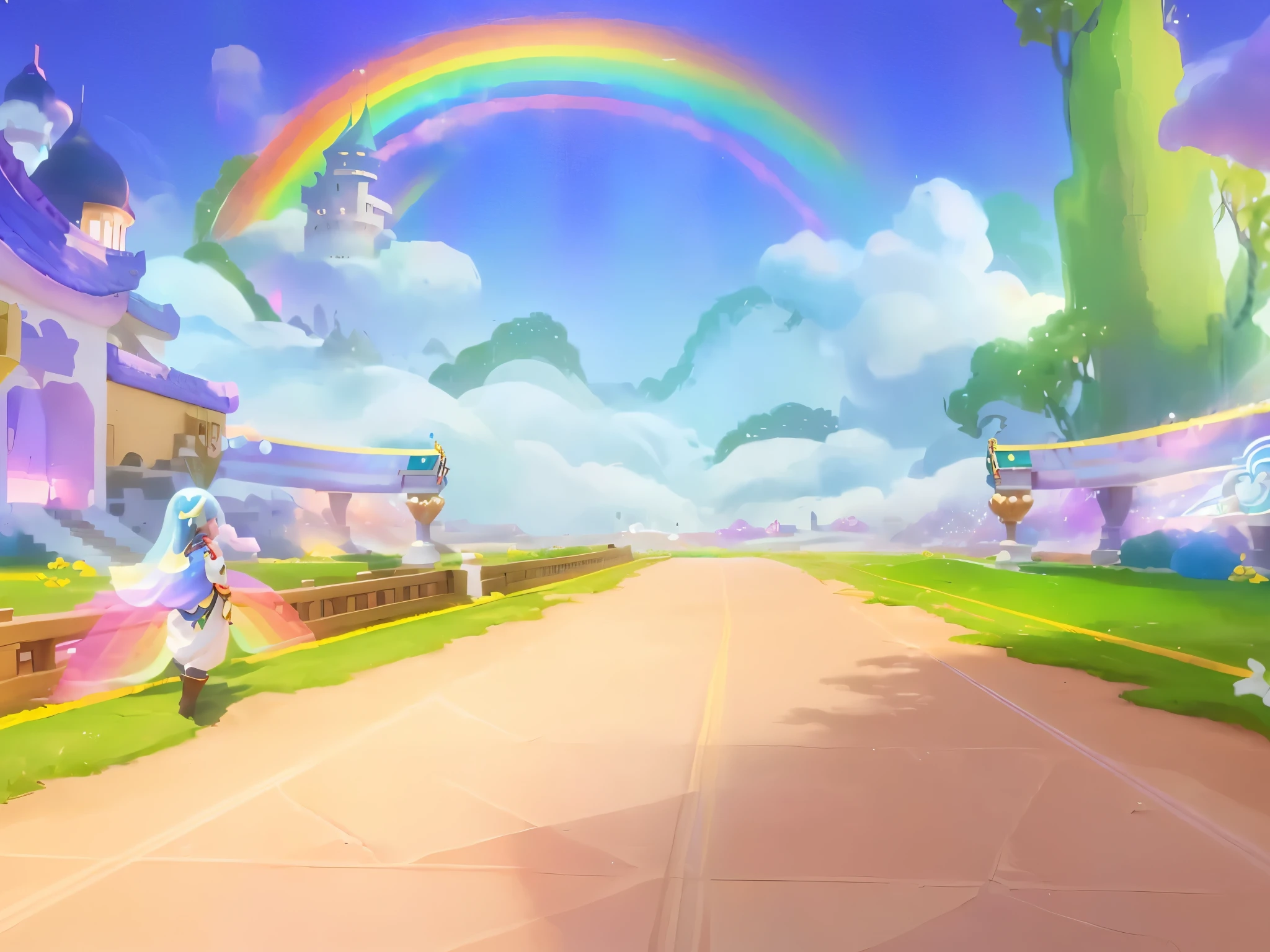 Close-up of cartoon characters in the game scene, rainbow road, Kingdom of Light Background, Intricate rainbow environment, Rainbow Background, Ethereal rainbow halo, rainbow trail, There is a rainbow in the background, Feiyun Castle, Bright rainbow rain clouds, Magical Area, Dreamy atmosphere, Video Game Screenshots>, Magic battlefield background, Dreamy hazy, Video Game Still, full resolution, Dreamy