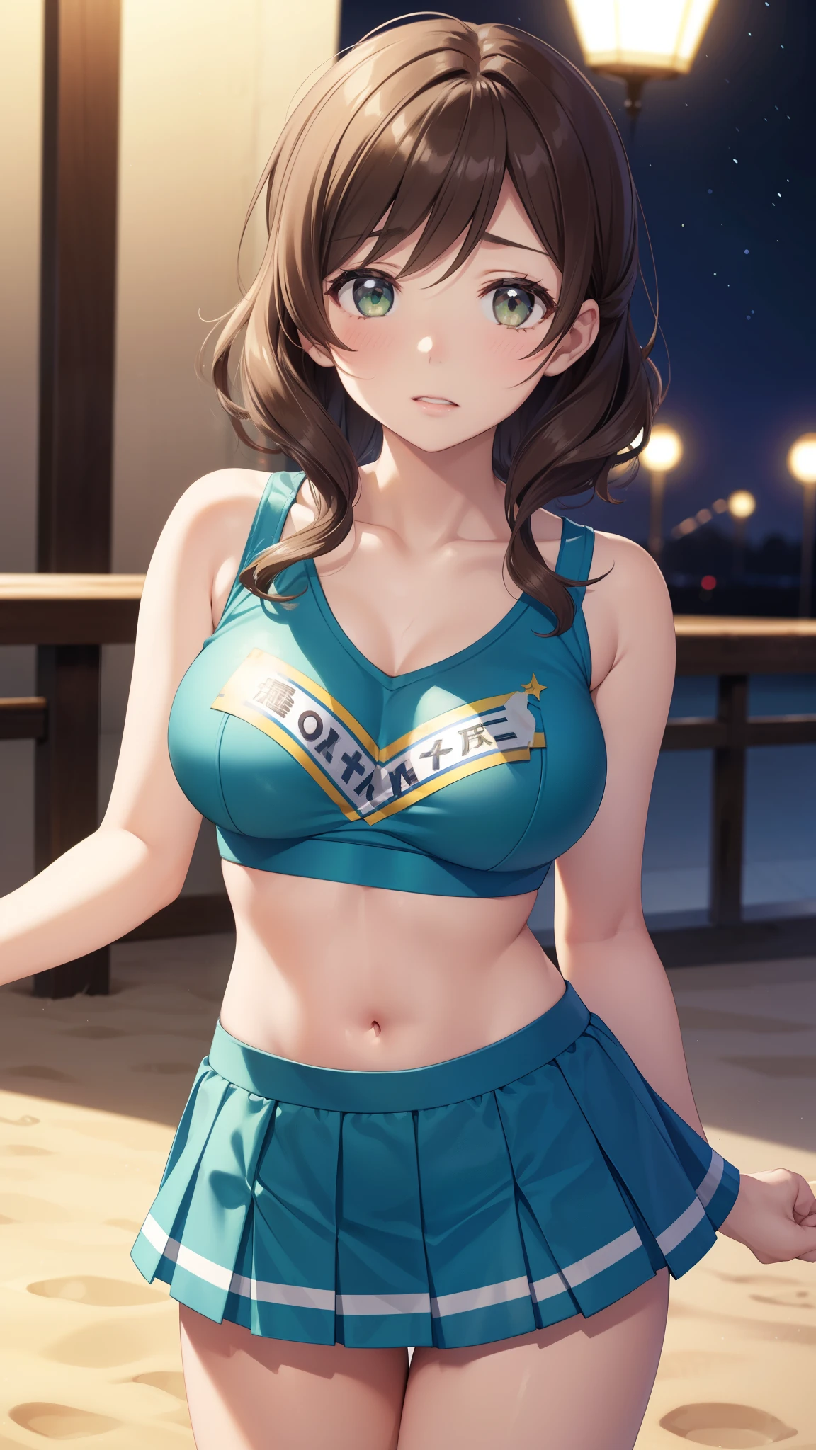 nozomitoujou, nozomi toujou, green eyes, brown hair, short curly hair, large breasts, masterpiece, best quality, high resolution, beautiful detailed eyes, extremely detailed face, good lighting, detailed CG, messy hair, glossy lips, night, school field, (cheerleader), (quicksand:1.2), looking up at viewer, (upset), night, sleeveless, collarbone, midriff, very cute cheerleader outfit, detailed cheerleader outfit