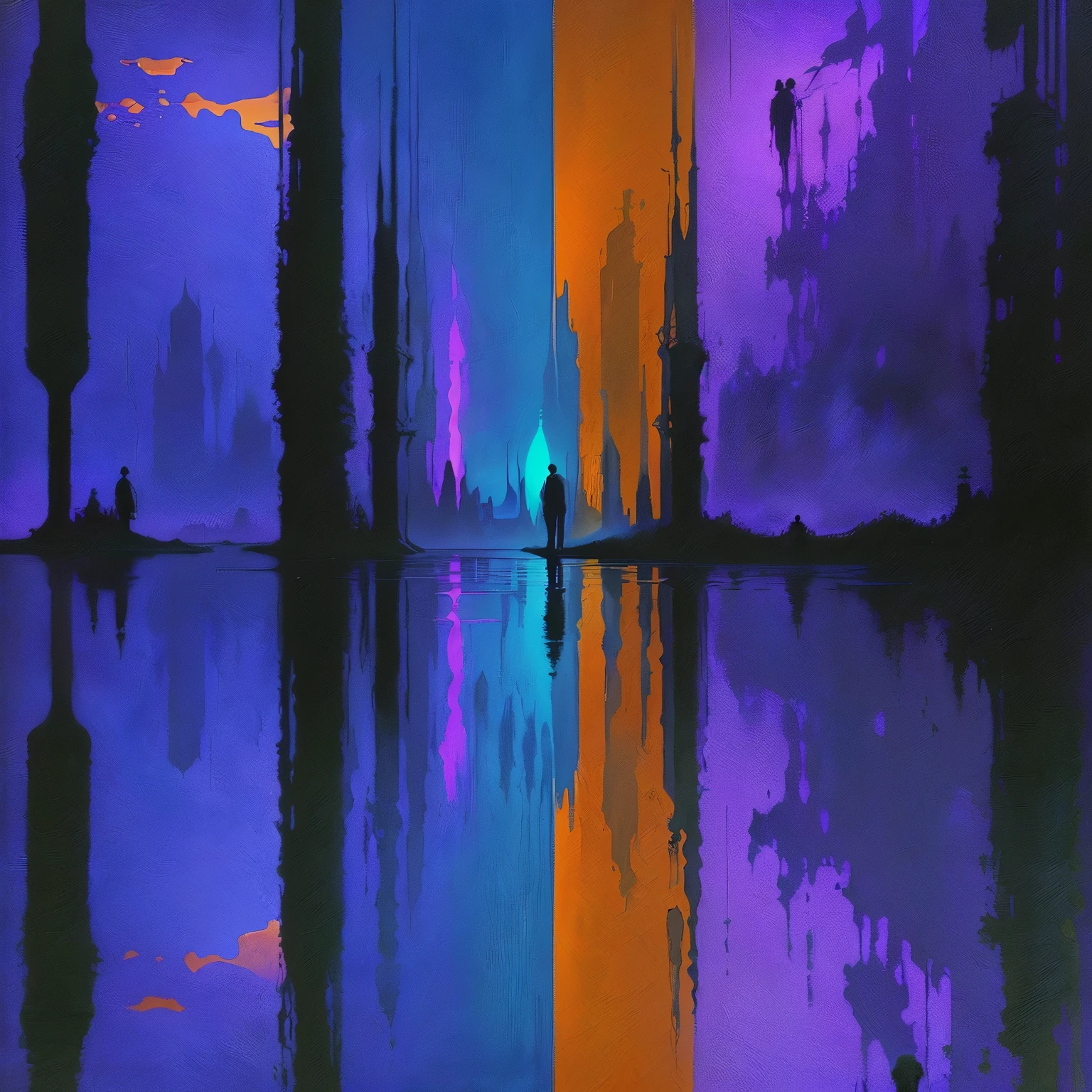 there is a painting of a two men standing on the side of a lake, roger dean and andrei tarkovsky, paul lehr and m. c. escher, tarkovsky color palette, chris moore”, tim white art.  megapixels, paul lehr and beeple, tangerine dream album cover, neon reflections, by Ken Elias, by John Harris