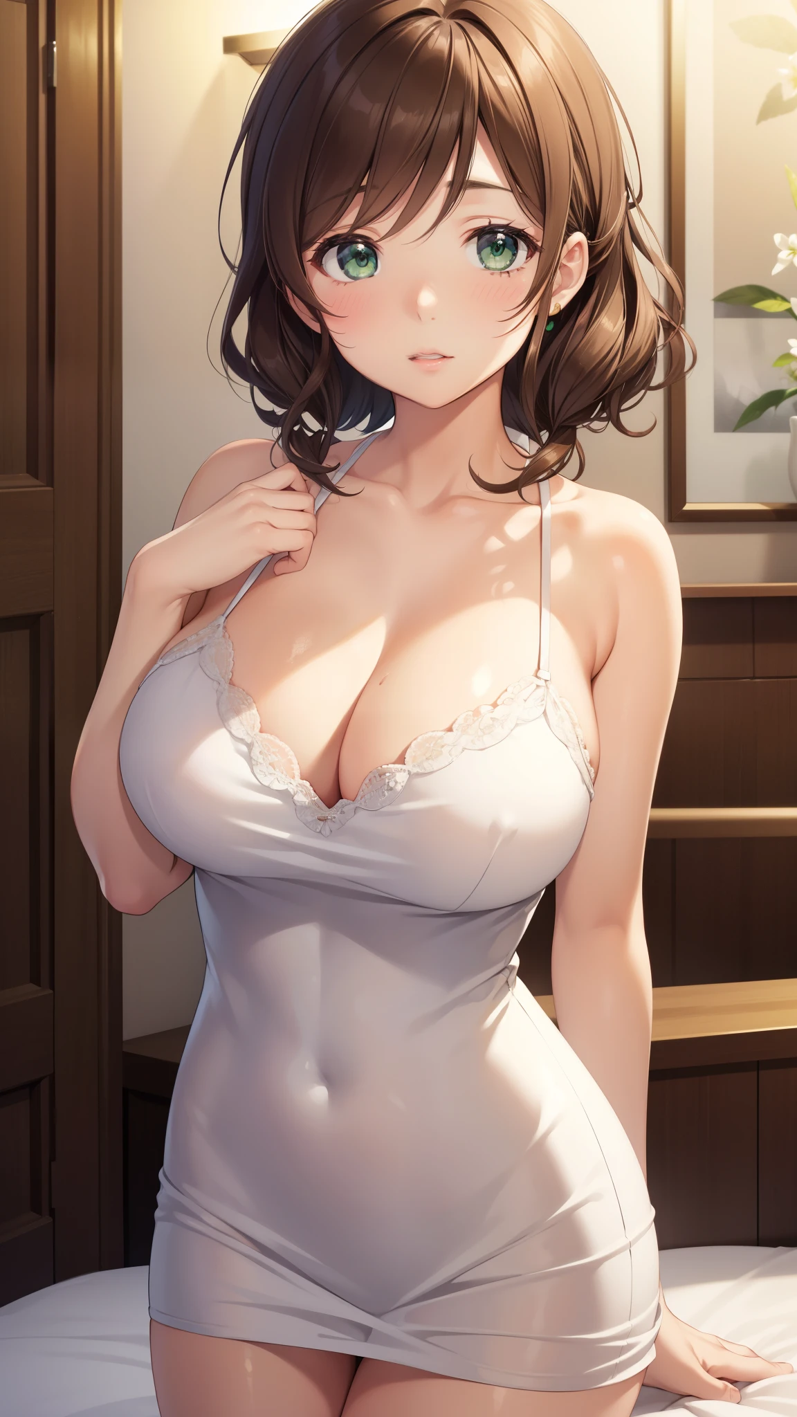 nozomitoujou, nozomi toujou, green eyes, brown hair, short curly hair, large breasts, masterpiece, best quality, high resolution, beautiful detailed eyes, extremely detailed face, good lighting, detailed CG, messy hair, glossy lips, tight backless dress