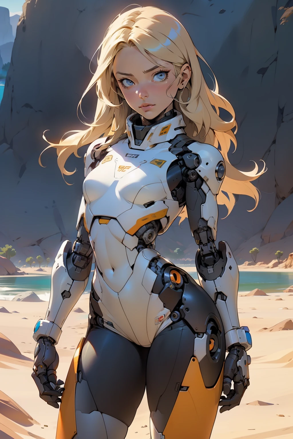 high quality, 4k, masterpiece, beautiful, cyborg girl, cowboy shot, dull eyes, front, looking at viewer, long blonde hair, girl, small breasts, fit thighs, robotic arms, robotic body, cyborg body, white & yellow uniform, orange accent, intricate detail, joint, detailed lines, robotic detail, holding fist up, holding hand up as fist, color robotic parts, robotic parts with color, perfect fingers, on a desert planet, sunny background, colorful desert, a river or a lake in the background, slender thighs, skinny thighs, thin thighs