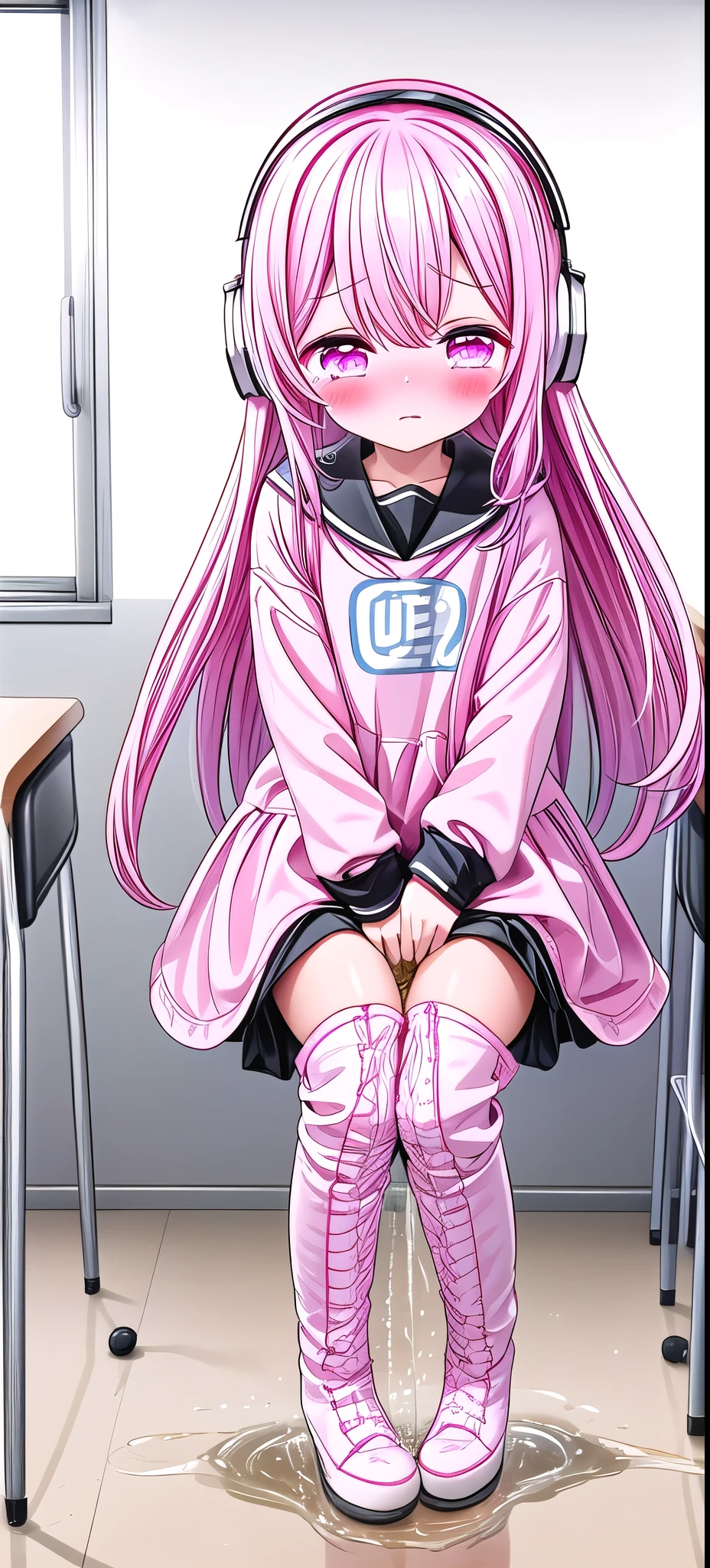 Pink long hair,Pink and white sweatshirt,pink eyes,Black headphones,White boots,blush害羞,Leaking urine(1.2)Classroom scene,eternal, cry, Close your eyes, Tears flow from the eyes, The embarrassment comes from, blush), (girl is peeing: 1.2),, look away, sit, Awkward, blush, Mouth slightly open, classroom (Girl leaking urine): 1.5)