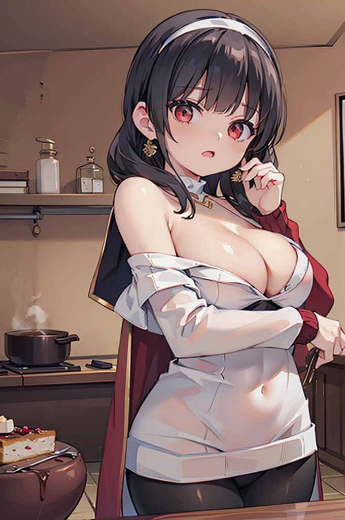 masterpiece, yor, 1girl, Amazing Cleavage:1.3, thin waist, big ass, Raised sexy, medium breast: 1.8 posed cleavage:1.2、solo, looking at viewer, open mouth, have a cup of coffee,black hair, red eyes, dress, bare shoulders, jewelry, collarbone, sidelocks, hairband, earrings, indoors, off shoulder, :o, sweater, arms behind back, plant, short hair with long locks, white hairband, off-shoulder dress, sweater dress, off-shoulder sweater, red sweater, big side hair, very long side hair,is rendered in (masterpiece: 1.2, best quality), with (ultra high resolution) and an exquisite (depth of field). This masterpiece is not only visually stunning but also tells, make of cake cooking ,in the kitchen