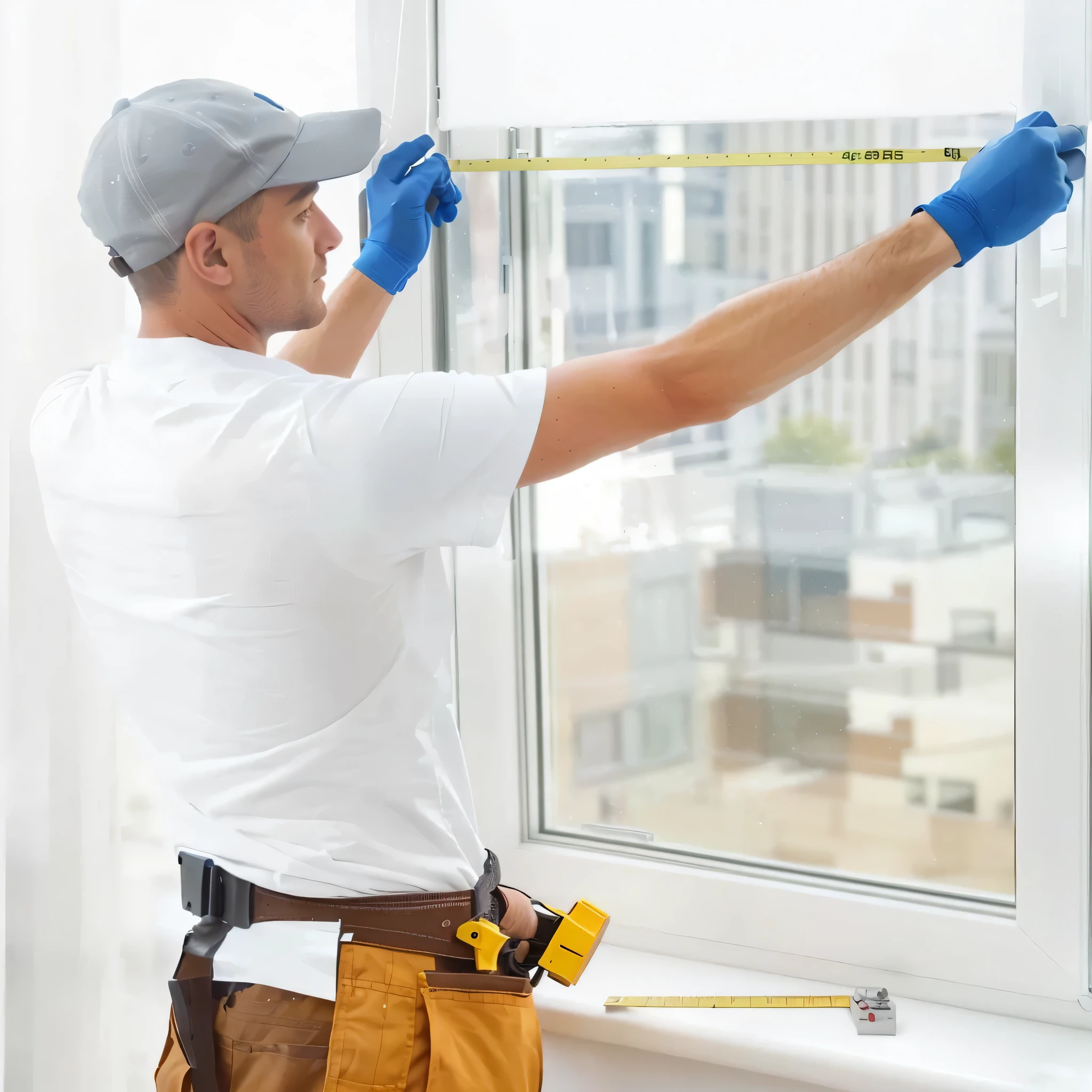 A man measuring a window with a tape measure, Large windowss, looked at big window, Simple and pure design, Sliding glass windows, Check stock images, Professional work, professional, Large windows, High quality details, Look at the details, Detailed and accurate, Accurate and detailed, User Photos, Mirrors and glass surfaces, high quality drawing，Real-world scenarios
