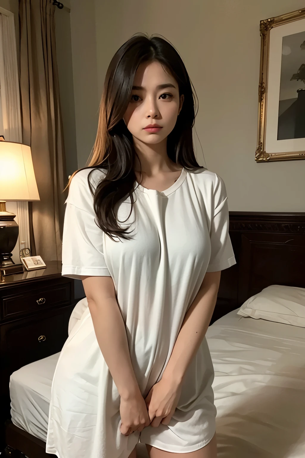 A beautiful woman with a gloomy look,Standing in front of the bed with the lamp on