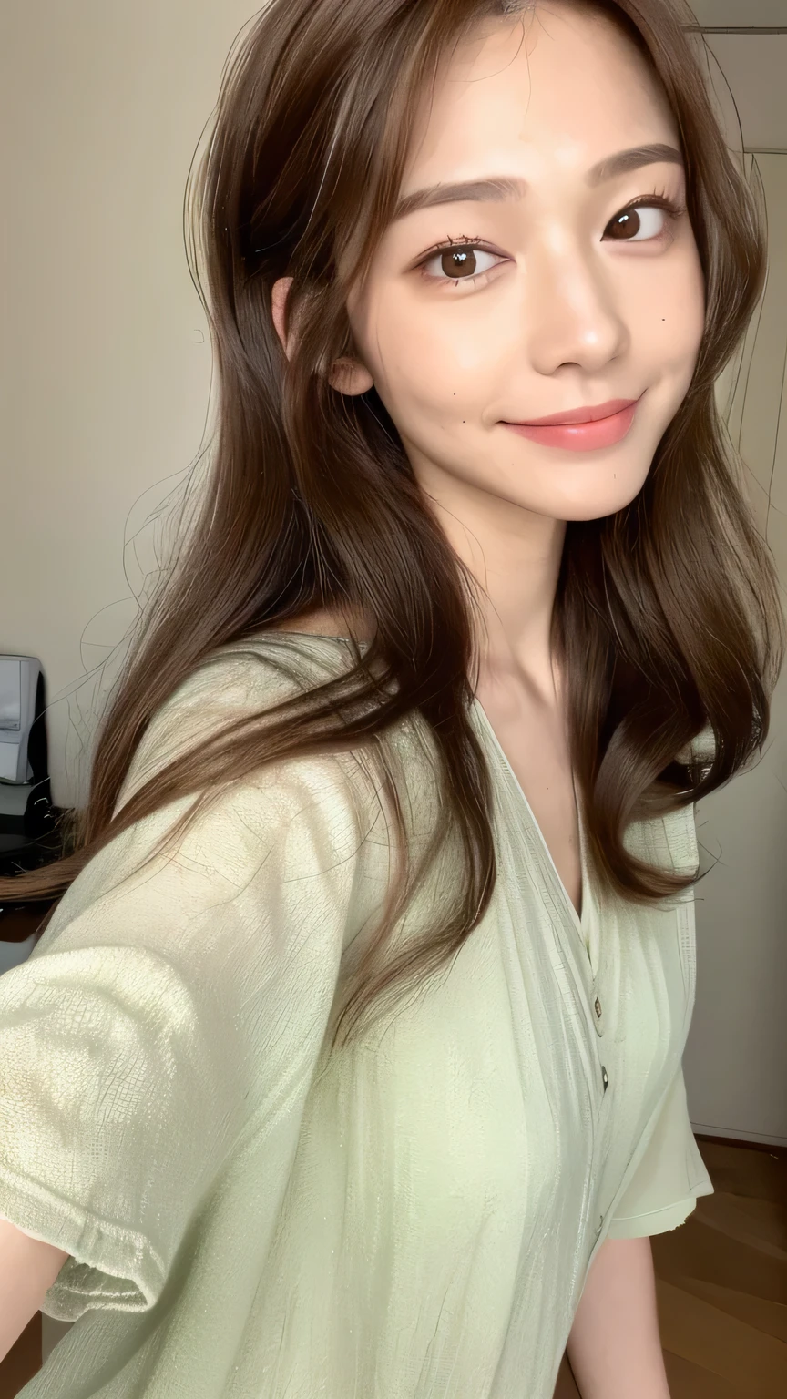 ((highest quality, 8k, masterpiece: 1.3)), 1 female, Japanese Idols,Sensual beauty: 1.3, (Hair style Brown hair Medium wave, big: 1.2), Loose nightwear: 1.1, Super slender face, Delicate eyes, double eyelid, Dimples,Mole, Home,relax,smile,Plump body,