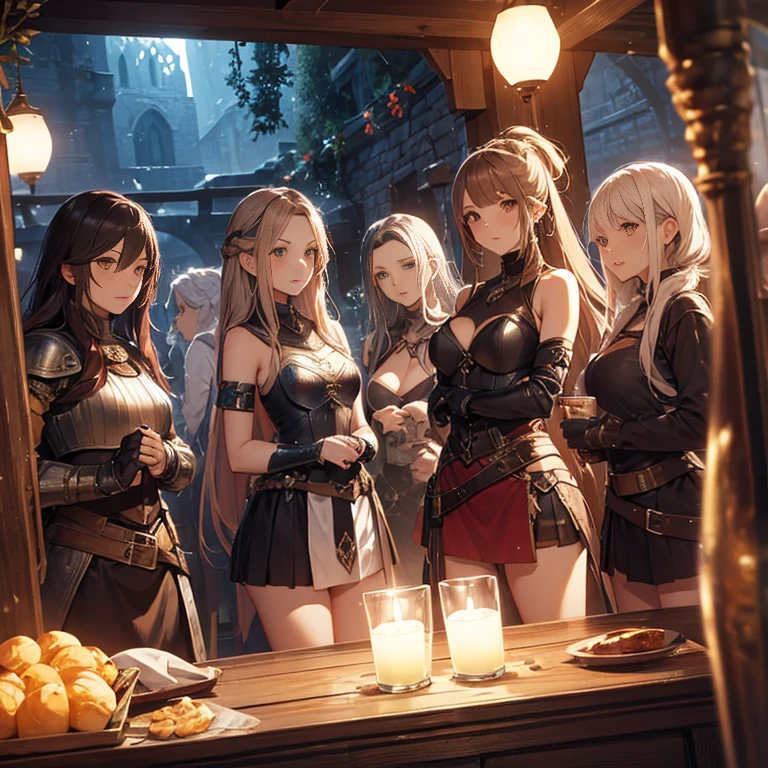 A group of  female medieval fantasy adventurers, (in tavern), various hair styles, harem, night, details face, short skirt, seducing, sleeveless, armor 
