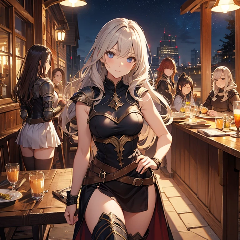 A group of female medieval fantasy adventurers, (in tavern), various hair styles, harem, night, details face, short skirt, seducing, sleeveless, armor