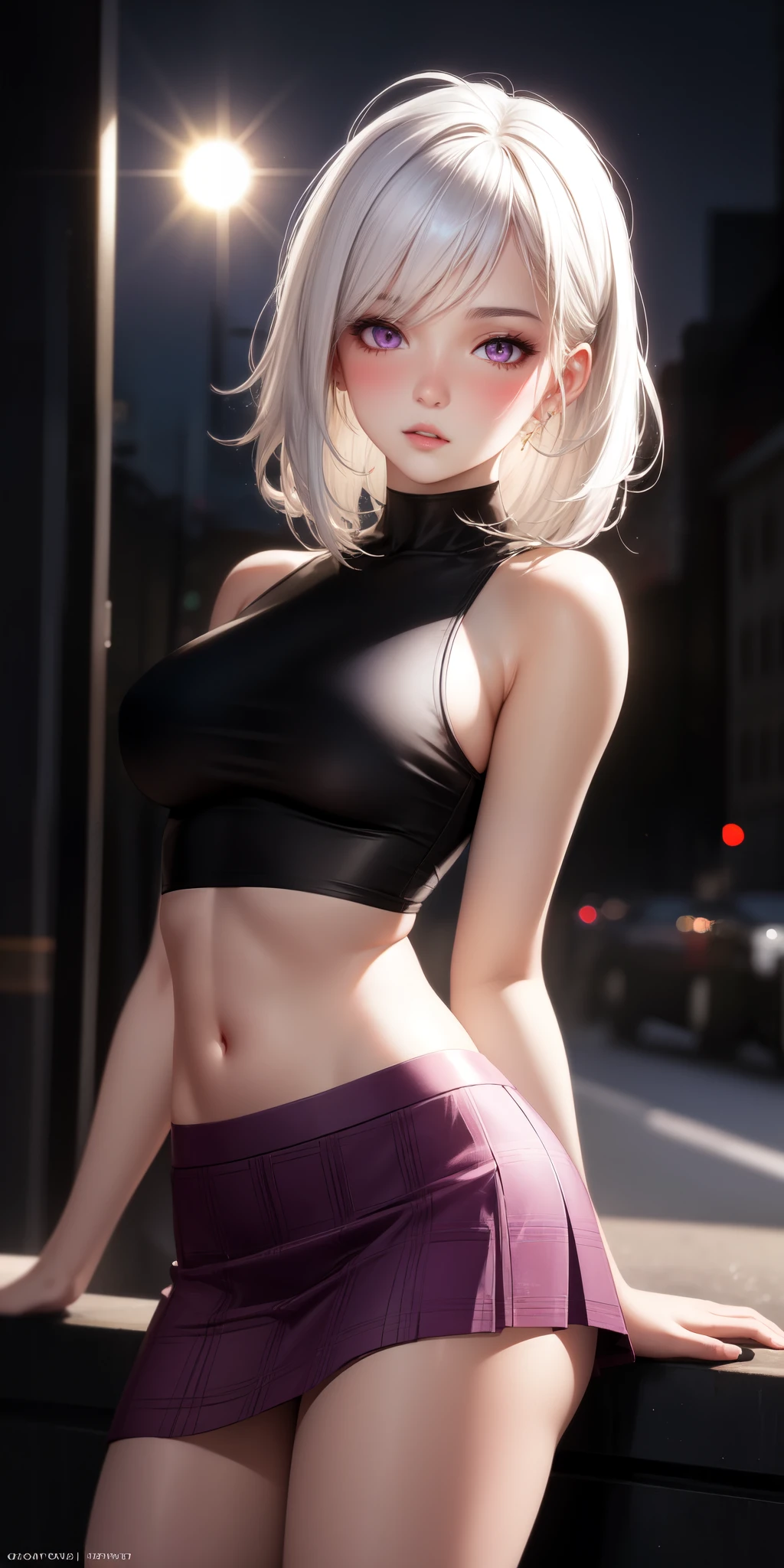 realistic, 1 girl, white hair, purple eyes, glowing eyes, crop top, skirt, parted lips, blush, night, flowers, sun, sunlight.