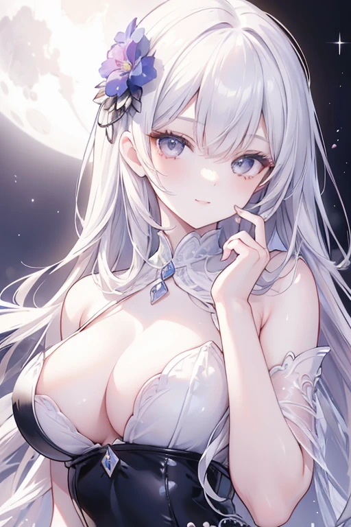Masterpiece, Excellent girl, Night Moon Full Moon, 1 Female, Mature woman, sister, royal sister, cool face, expressionless, Silvery-white long-haired woman, light pink lips, Calm, intellectual, Three-striped gray eyes, Killer Short Knife, Flower ball background, hand details, Finger details, details face, eye details, smile