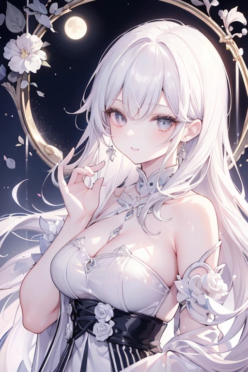 Masterpiece, Excellent girl, Night Moon Full Moon, 1 Female, Mature woman, sister, royal sister, cool face, expressionless, Silvery-white long-haired woman, light pink lips, Calm, intellectual, Three-striped gray eyes, Killer Short Knife, Flower ball background, hand details, Finger details, details face, eye details, smile 