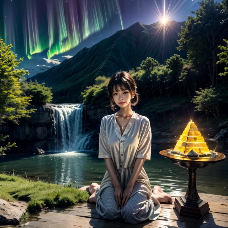 highest quality、、masterpiece:1.8、、、waterfall、,、、、A spectacular view that will bring you the best luck in the world just by looking at it、A sight that brings peace to the world just by looking at it、Just looking at this view, You will be super healthy, Have a clear mind, And live longer.、、Aurora、、Golden Pyramid、、Golden UFO Landing、Betelgeuse will explode as a supernova