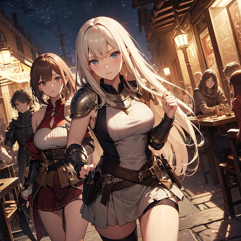 A group of  female medieval fantasy adventurers, (in tavern), various hair styles, harem, night, details face, short skirt, seducing, sleeveless, armor 