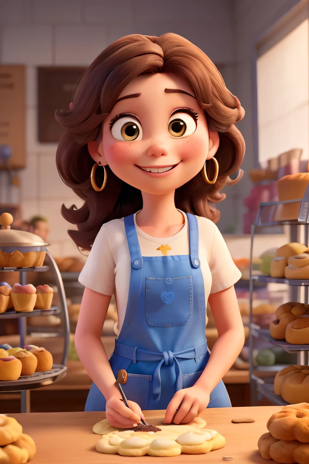 Create a Disney Pixar poster featuring a cheerful cook with long dark brown hair and small brown eyes that sparkle with joy. She has a charming smile, gold ball earrings, and a distinctive mole on her right lip. He is facing forward and is waving, in one hand he has a pastry bag. The cook immerses herself in the art of making cookies with white icing in a pastel-colored pastry, predominantly white, adorned with soft pinks and beiges. She wears a white t-shirt with a pink apron, adding a charming touch to the warm and welcoming atmosphere of the bakery. The poster, featuring high-quality Disney Pixar graphics, showcases the cook's passion for baking along with delicious cookies, capturing everyone's hearts.