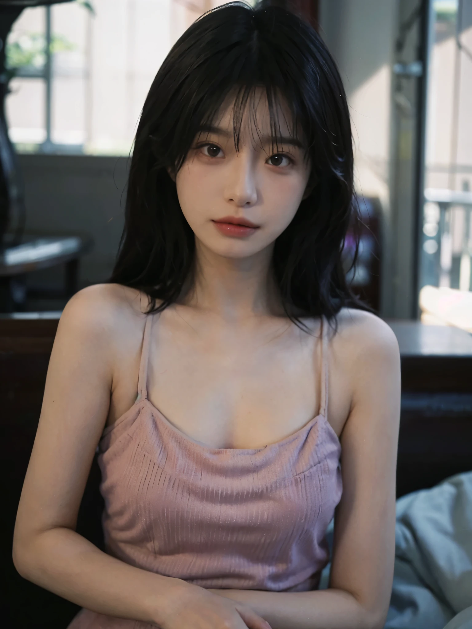 Film Portrait Photography, 1 girl, Bare shoulders,Lipstick,Purple short sleeves,(Bra:1.4),Purple sunlight,( Purple Hood:1.4),Shoulder-length straight hair, serene, calm, (逼真且Detailed眼睛, Natural skin texture, Realistic facial details), Soft dramatic lighting, Depth of Field, Bokeh, Vivid details, Detailed, Surrealism, 35 mm film, hazy, ,