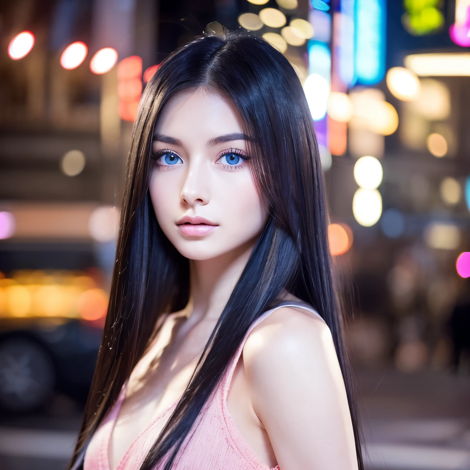 Generates a Tokyo revengers image of a beautiful young woman with long straight black hair and blue eyes and long eyelashes, pale skin and pink undertones and a good body., en una noche