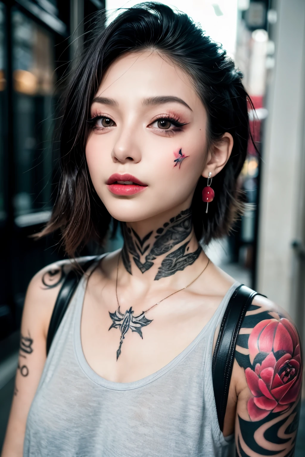 masterpiece, 1girl, beautiful, tattoos, covered in tattoos, arm tattoos, neck tattoos, face tattoos, tattoos on arms, tattoos on neck, punk, street