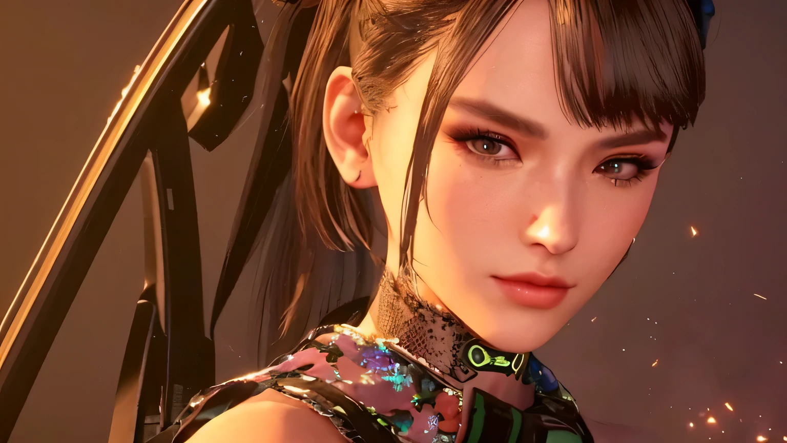 a close up of a woman with a ponytail in a dress, dead or alive 6, as a character in tekken, unreal engine : : rave makeup, unreal 6 breathtaking detailed, 8k portrait render, close up character, character close up, cinematic close-up bust shot, 8 k character details, character close-up, 8 k uhd character details