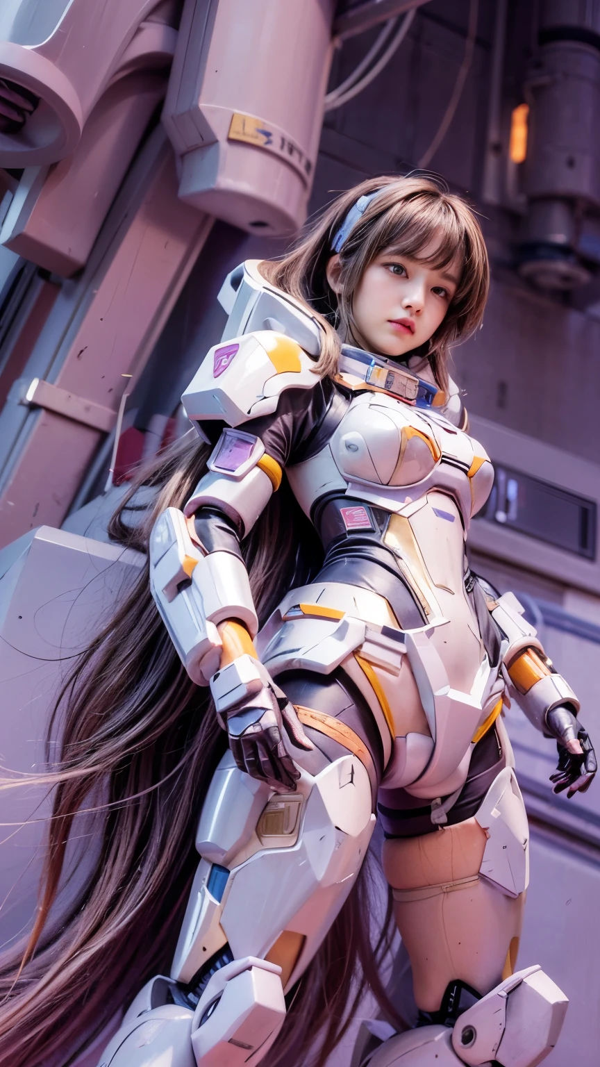 RAW, Masterpiece, Ultra Fine Photo,, Best Quality, Ultra High Resolution, Photorealistic, Sunlight, Full Body Portrait, Stunningly Beautiful,, Dynamic Poses, Delicate Face, Vibrant Eyes, (Side View) a close up of a woman in a pink and white gundam custume, dybamic pose, long brown very very very long long hair rapunzel, girl in mecha cyber armor, portrait armored astronaut girl, d. va from overwatch, female mecha, on a gundam, gundam head, chiho aoshima color scheme, mobile suit, streamlined purple armor, fully robotic!! girl, realistic cosplay, gundam armor (dynamic pose) (best cameraview), full body, sit down