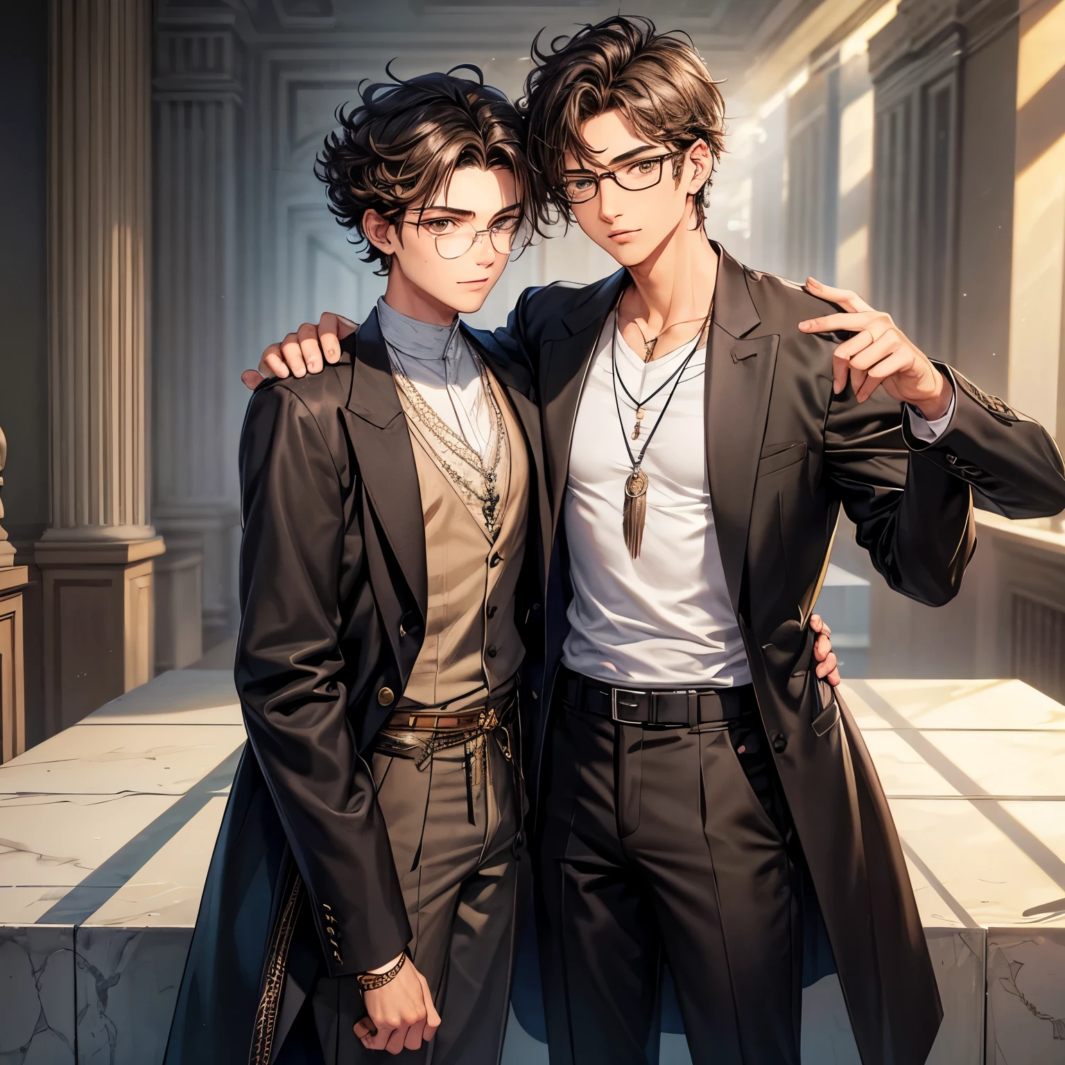 An 18 year old guy with undercut, brown and curly hair, he is wearing a black suit with the sleeves rolled up, he has a silver feather necklace, he is wearing glasses. He has feather tattoos on his left forearm.