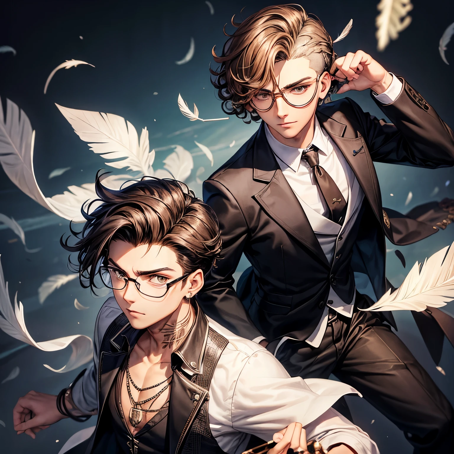 An 18 year old guy with undercut, brown and curly hair, he is wearing a black suit with the sleeves rolled up, he has a silver feather necklace, he is wearing glasses. He has feather tattoos on his left forearm.