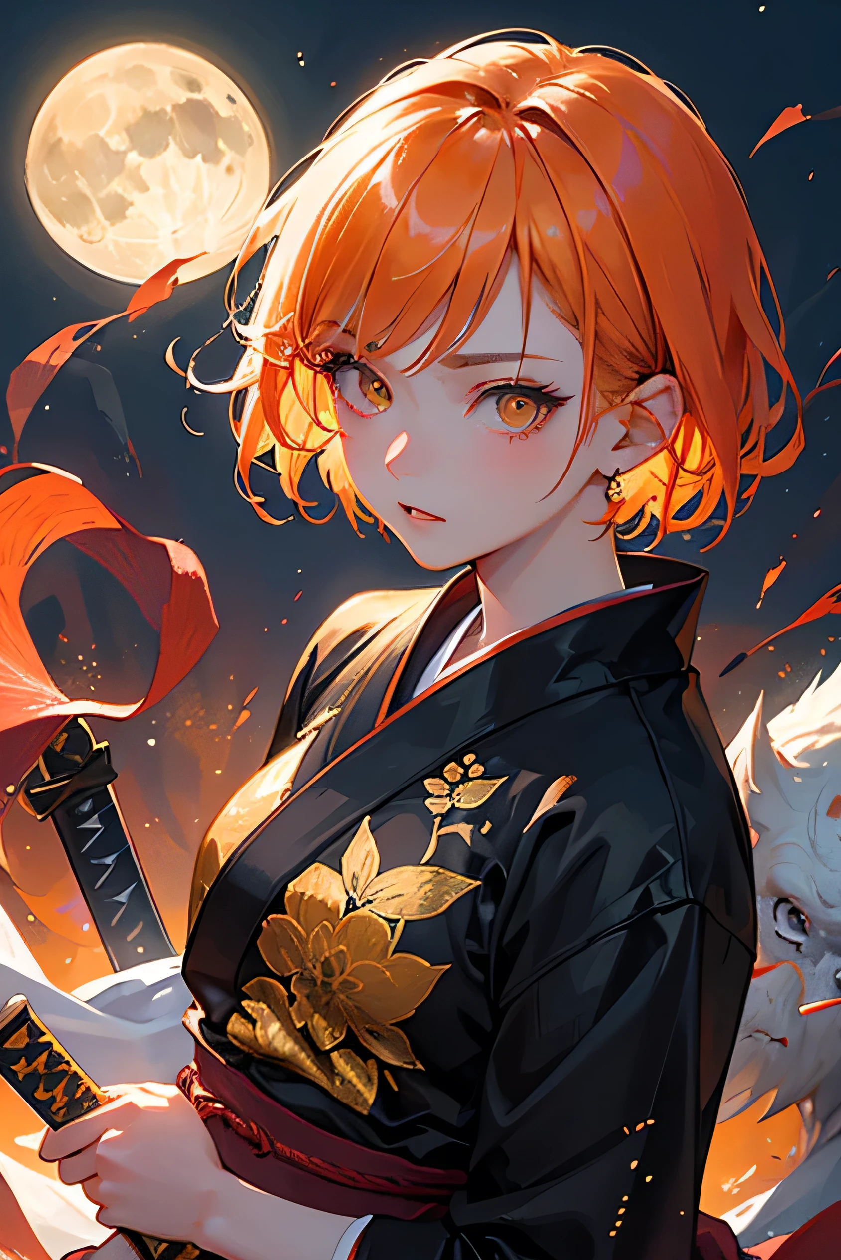 masterpiece, highest quality, so beautiful、Latest、Cool girl, Orange Hair, short hair, Yellow Eyes、Shining Eyes、An adult woman wearing a black kimono and holding a sword、Fighting Pose、Moonlit Night、Demon slayer、nice、Face close-up