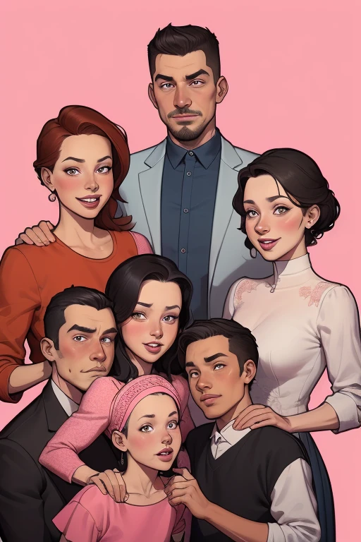 illustration of a family of five standing together in front of a pink background, family portrait, retrato de uma gangue rosa, rotoscopia, retrato nft, em estilo cartoon, official Admirador de arte, family photo, barong family, caricatura, Admirador de arte, digital illustration, happy family, stylized digital illustration, family, drawn in the style of Mark Arian using the rule of 3 in measurements Cartoon style GTA style digital illustration