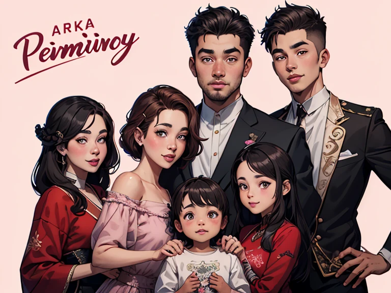 illustration of a family of five standing together in front of a pink background, family portrait, retrato de uma gangue rosa, rotoscopia, retrato nft, em estilo cartoon, official Admirador de arte, family photo, barong family, caricatura, Admirador de arte, digital illustration, happy family, stylized digital illustration, family, desenhado no estilo de Mark Arian usando a regra de 3 nas medidas 