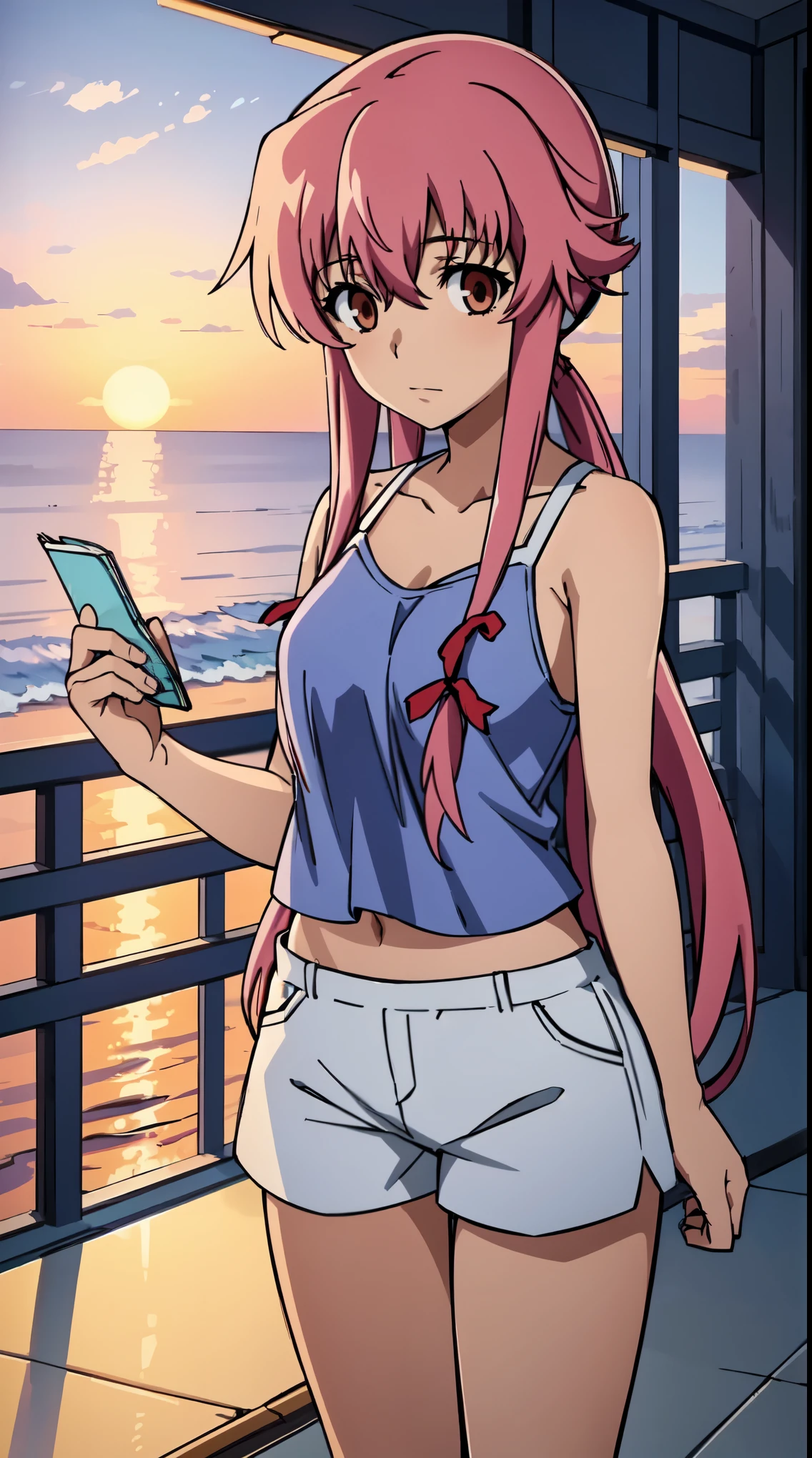 Yuno Gasai's carefree spirit shines as she strolls along the beach, the warm sunset casting a golden glow on her relaxed expression. She's lost in the rhythm of her music, the headphones wrapped around her ears, and the gentle ocean breeze rustling her long hair. Her casual attire, consisting of shorts and a white tank top, adds to the laid-back vibe, as she effortlessly sways to the beat, her eyes fixed on the horizon. The tranquility of the moment is a far cry from the intense and complex character we know from "Future Diary", but it's a beautiful reminder that even those with extraordinary abilities can appreciate the simple pleasures in life.