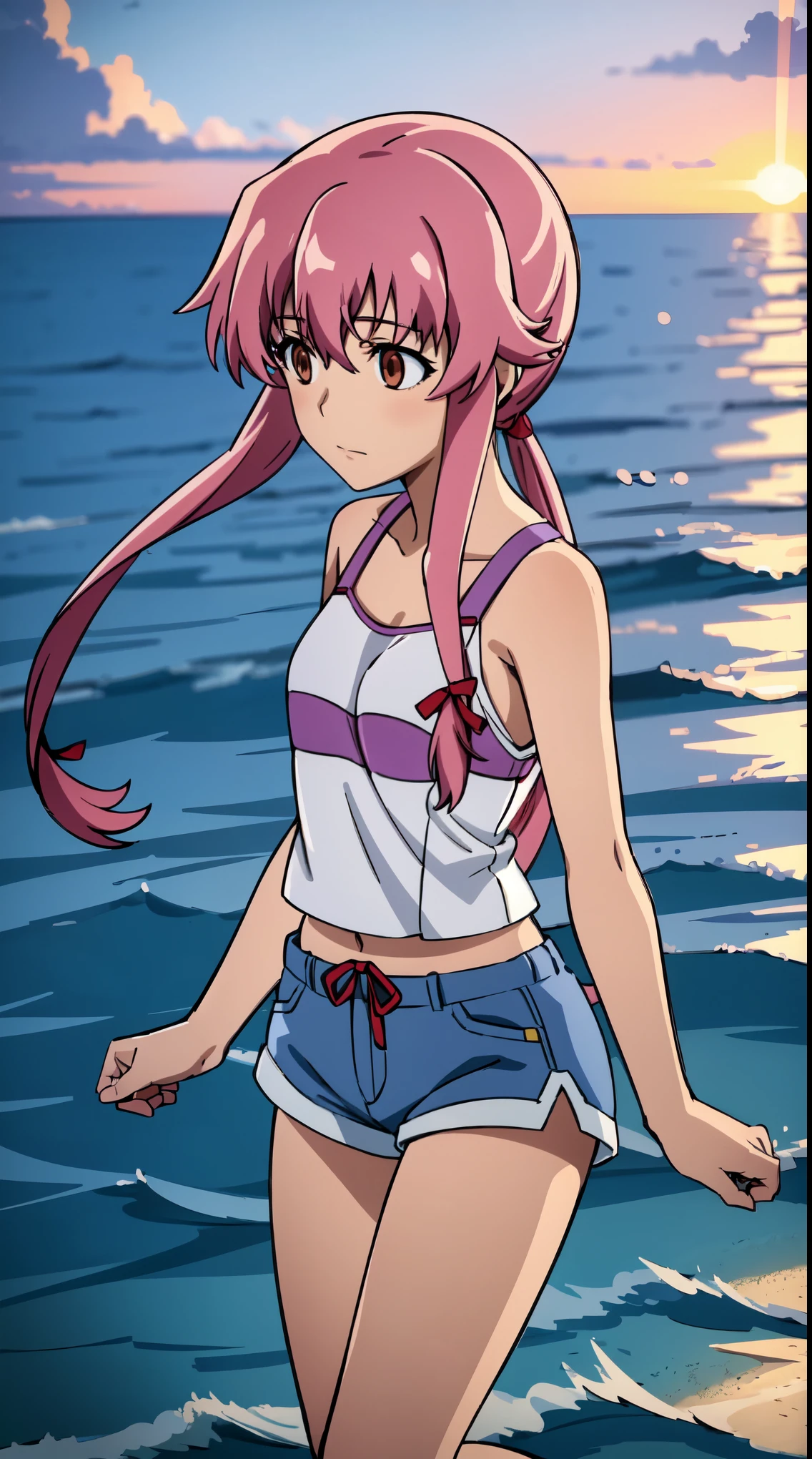 Yuno Gasai's carefree spirit shines as she strolls along the beach, the warm sunset casting a golden glow on her relaxed expression. She's lost in the rhythm of her music, the headphones wrapped around her ears, and the gentle ocean breeze rustling her long hair. Her casual attire, consisting of shorts and a white tank top, adds to the laid-back vibe, as she effortlessly sways to the beat, her eyes fixed on the horizon. The tranquility of the moment is a far cry from the intense and complex character we know from "Future Diary", but it's a beautiful reminder that even those with extraordinary abilities can appreciate the simple pleasures in life.